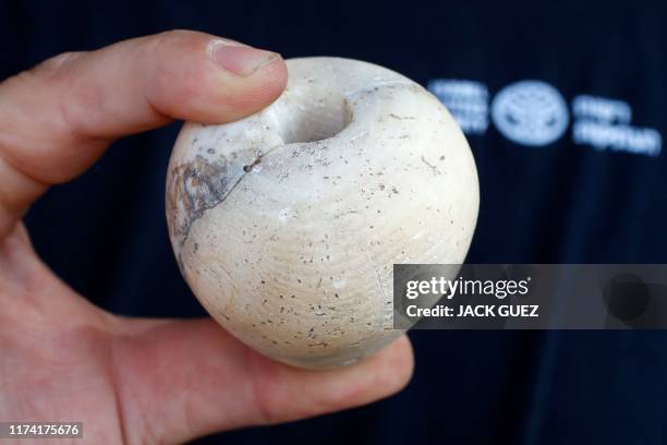 Picture taken on October 06, 2019 shows a stone club head unearthed at the archaeological site of En Esur where a 5000-year-old city was uncovered,...