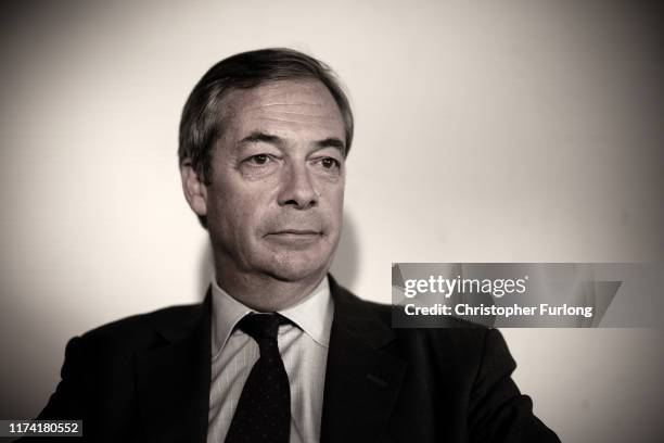 Leader of the Brexit Party, Nigel Farage poses for a portrait at Sedgefield Racecourse during the Brexit Party Conference tour on September 11, 2019...