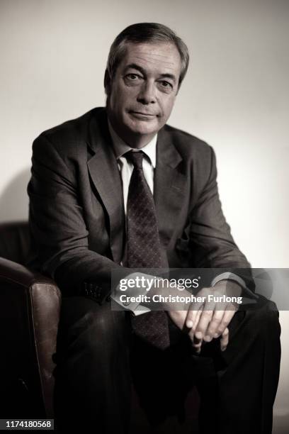 Leader of the Brexit Party, Nigel Farage poses for a portrait at Sedgefield Racecourse during the Brexit Party Conference tour on September 11, 2019...