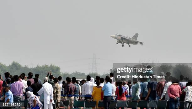 Indian Air Force Light Combat Aircraft Tejas performing during the full dress rehearsal ahead of the 87th Air Force Day at The Air Force Station at...
