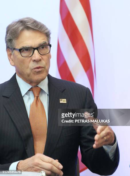 Secretary of Energy Rick Perry delivers a statement after signing an agreement with Estonian, Lithuanian and Latvian counterparts on strengthening...