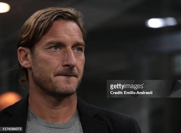 Roma former player Francesco Totti attends the Serie A match between FC Internazionale and Juventus at Stadio Giuseppe Meazza on October 6, 2019 in...