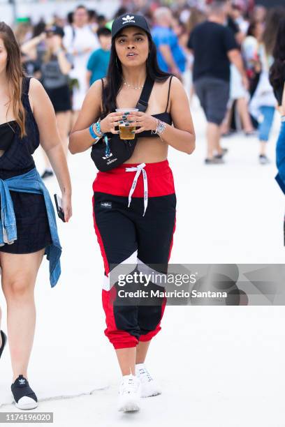 Festivalgoer street style at Rock In Rio Music Festival during day 7 at Cidade do Rock on October 6, 2019 in Rio de Janeiro, Brazil.