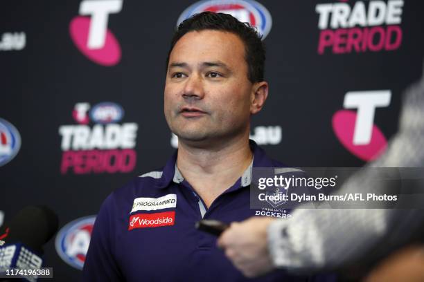 Peter Bell, Football Manager of the Dockers speaks with media during the Telstra AFL Trade Period at Marvel Stadium on October 07, 2019 in Melbourne,...