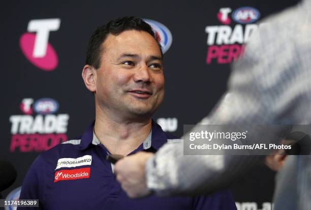 Peter Bell, Football Manager of the Dockers speaks with media during the Telstra AFL Trade Period at Marvel Stadium on October 07, 2019 in Melbourne,...