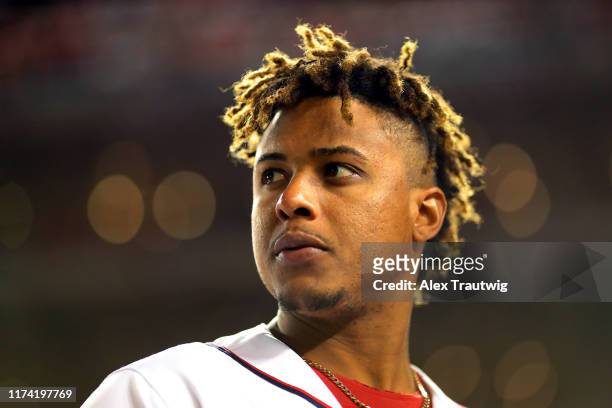 Wilmer Difo of the Washington Nationals look on prior to Game 3 of the NLDS between the Los Angeles Dodgers and the Washington Nationals at Nationals...