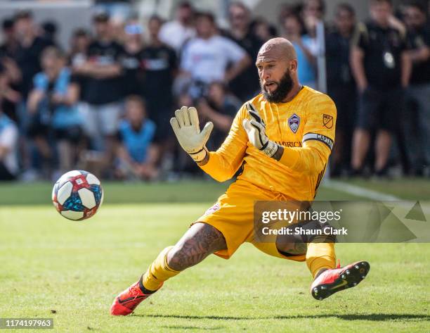 Tim Howard of Colorado Rapids makes the final save of his career during Los Angeles FC's MLS match against Sporting Kansas City at the Banc of...