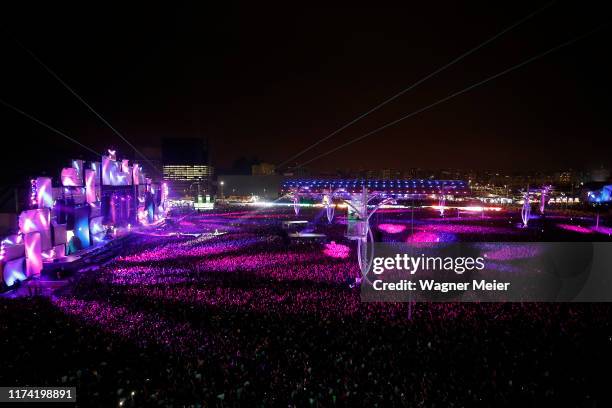 Imagine Dragons is seen from the Zip Line Tower on this last day of Rock in Rio at Cidade do Rock on October 6, 2019 in Rio de Janeiro, Brazil.