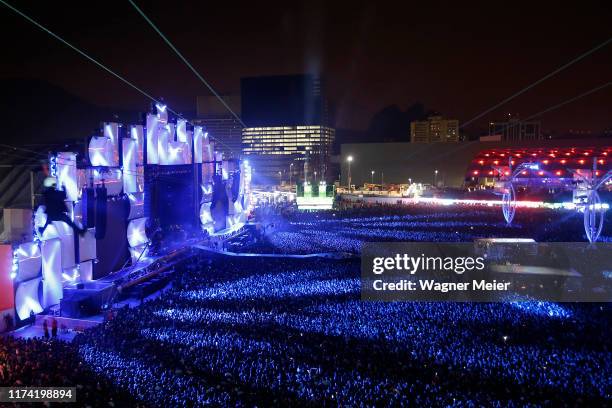 The band Imagine Dragons is seen from the Zip Line Tower on this last day of Rock in Rio at Cidade do Rock on October 6, 2019 in Rio de Janeiro,...