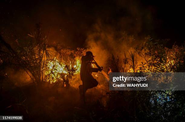 This picture taken on October 6, 2019 shows a firefighter battling a forest fire in Pekanbaru, Riau. - Indonesia's fires have been an annual problem...