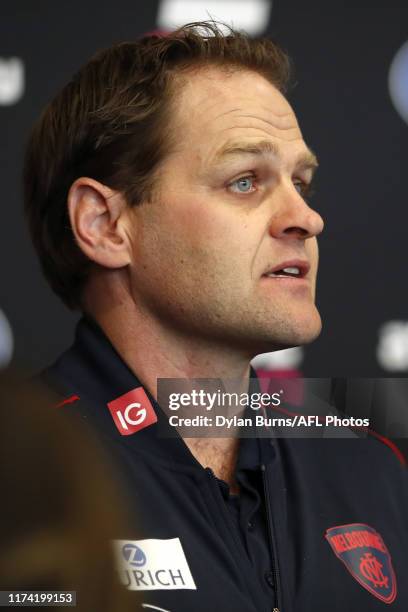 Josh Mahoney, GM of Football Operations of the Demons speaks with media during the Telstra AFL Trade Period at Marvel Stadium on October 07, 2019 in...