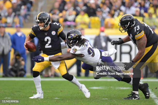 Baltimore Ravens linebacker Pernell McPhee sacks Pittsburgh Steelers quarterback Mason Rudolph during the game between the Pittsburgh Steelers and...