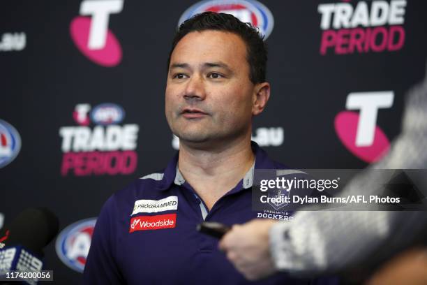 Peter Bell, Football Manager of the Dockers speaks with media during the Telstra AFL Trade Period at Marvel Stadium on October 07, 2019 in Melbourne,...