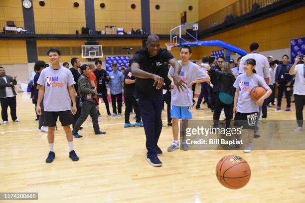 Legend Dikembe Mutombo participates during the NBA Cares Special Olympics Unified Clinic part of the 2019 NBA Japan Games at a training facility on...