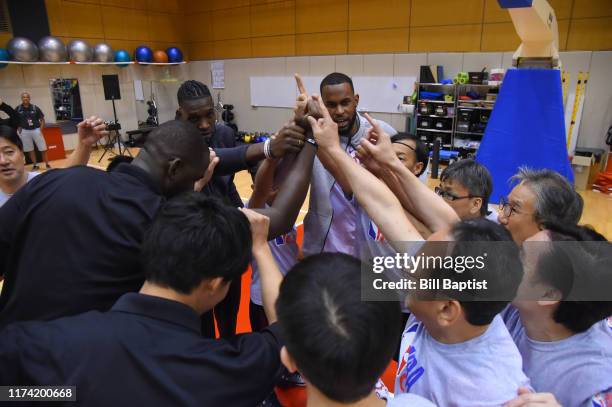 Chris Boucher and Dewan Hernandez of the Toronto Raptors during the NBA Cares Special Olympics Unified Clinic part of the 2019 NBA Japan Games at a...