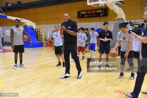 Legend Shawn Marion participates during the NBA Cares Special Olympics Unified Clinic part of the 2019 NBA Japan Games at a training facility on...