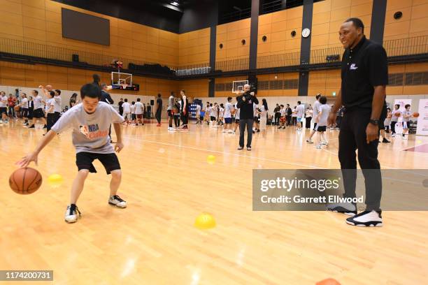 Legend Shawn Marion participates during the NBA Cares Special Olympics Unified Clinic part of the 2019 NBA Japan Games at a training facility on...