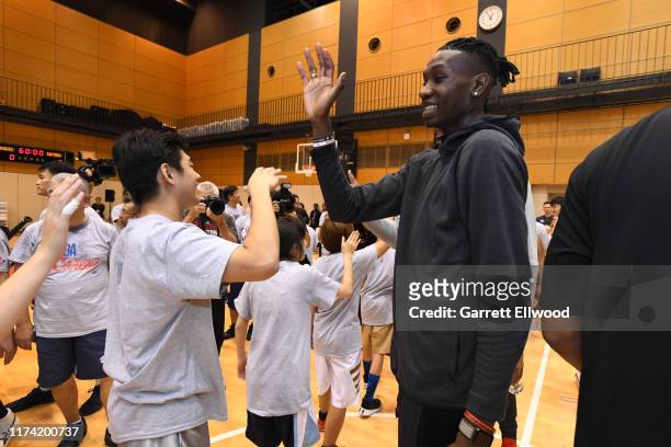 Chris Boucher of the Toronto Raptors during the NBA Cares Special Olympics Unified Clinic part of the 2019 NBA Japan Games at a training facility on...