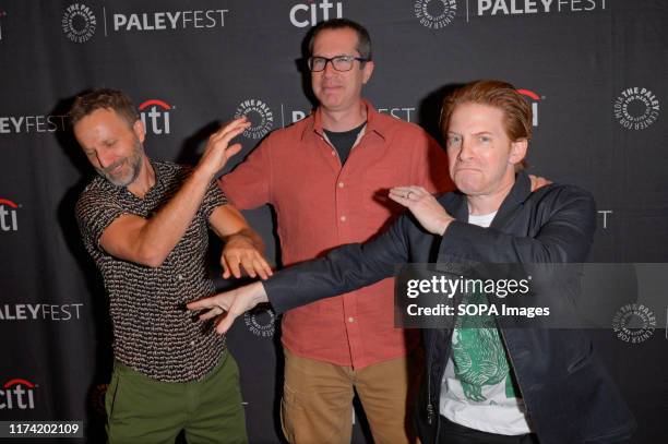 Breckin Meyer, Matthew Senreich and Seth Green attend the Robot Chicken, PaleyFest New York 2019 at The Paley Center for Media in New York City.