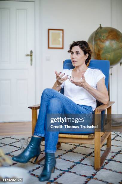 Berlin, Germany German Actress Nina Kunzendorf gestures during an interview on September 24, 2019 in Berlin, Germany.