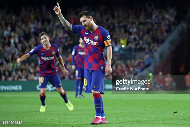 Leo Messi goal celebration during the match between FC Barcelona and Sevilla FC, corresponding to the week 8 of the spanish Liga Santarder, on 06th...