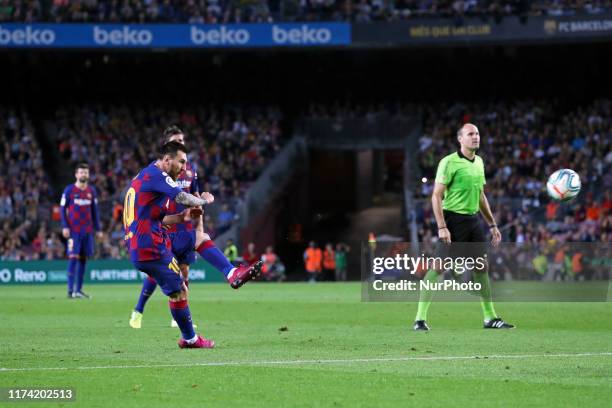 Leo Messi scores during the match between FC Barcelona and Sevilla FC, corresponding to the week 8 of the spanish Liga Santarder, on 06th October...