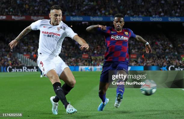 Lucas Ocampos and Nelson Semedo during the match between FC Barcelona and Sevilla FC, corresponding to the week 8 of the spanish Liga Santarder, on...