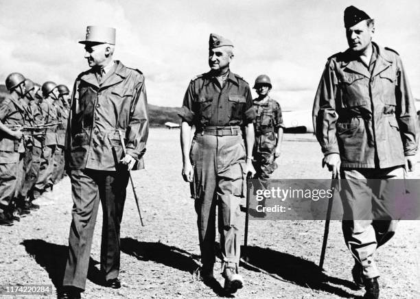 Picture taken on May 7, 1954 in Dien Bien Phu in Vietnam showing French General Christian de Castries with General René Cogny and General René...