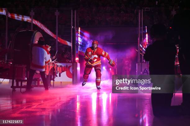 Calgary Flames Right Wing Michael Frolik is introduced to the crowd before his teams home opening NHL game against the Vancouver Canucks on October 5...