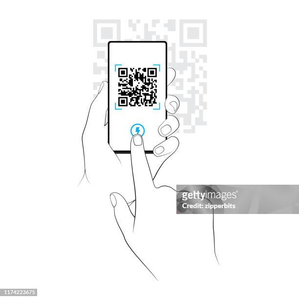 illustrazioni stock, clip art, cartoni animati e icone di tendenza di scansione di un codice qr su uno smartphone - lettore di codice a barre
