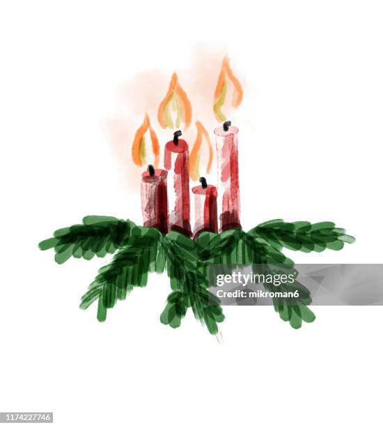christmas illustration of candles - christmas card - draw mistletoe stock pictures, royalty-free photos & images
