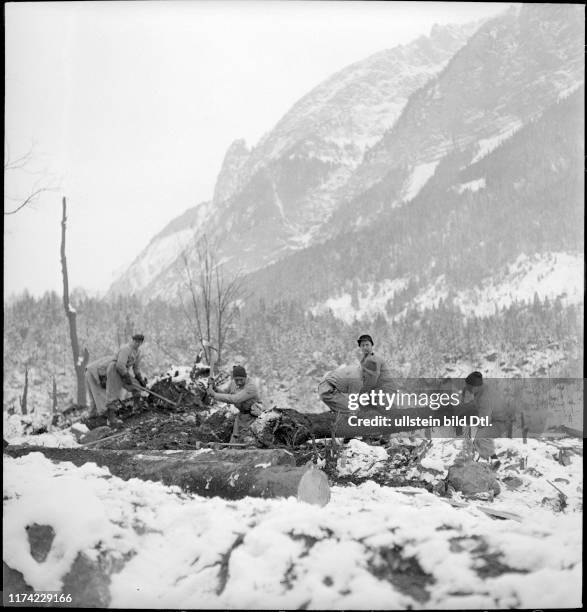 Woodcutter clearing destroyed wood, Mitholz 1948