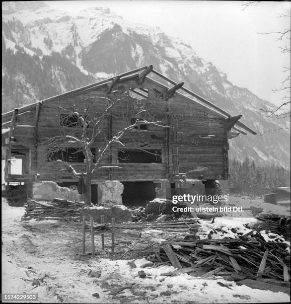 Destroyed chalet after explosion in Mitholz 1948,Destroyed chalet after explosion in Mitholz 1948