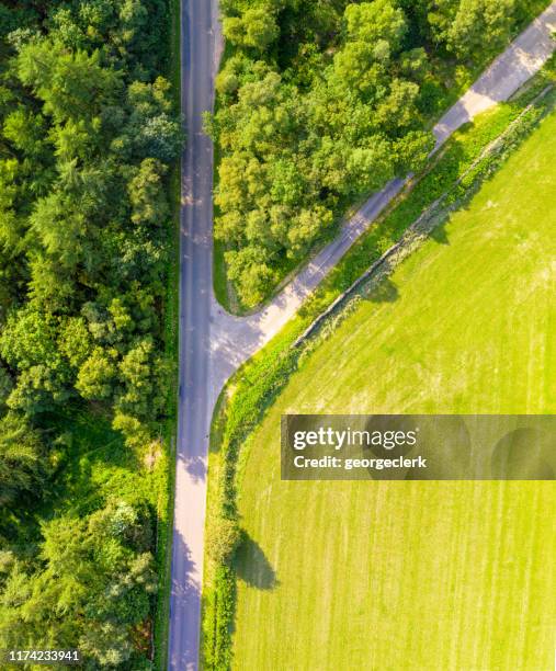 jonction sur une route anglaise rurale - fourche photos et images de collection