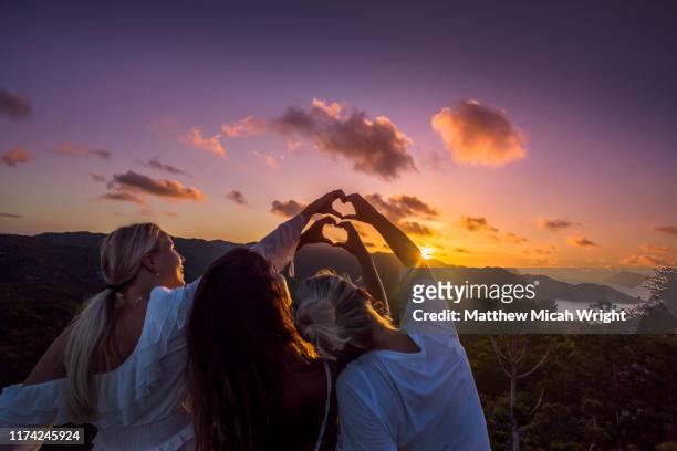 travelers climb atop a building to watch the sunset. - group of people holding hands stock pictures, royalty-free photos & images