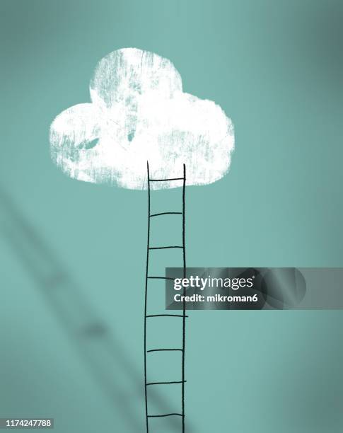 cloud and ladder - achieving dreams concept - climbing ladder of success stock pictures, royalty-free photos & images