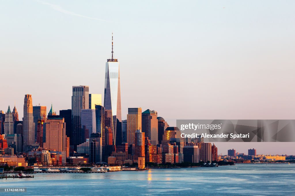 New York skyline with Manhattan Downtown financial district and Hudson River, USA