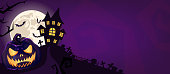 Halloween scary purple vector background. Spooky graveyard and haunted house at night cartoon illustration. Horror moon, bats, creepy pumpkin and graves silhouettes backdrop. Helloween gothic panorama