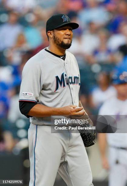 Pitcher Hector Noesi of the Miami Marlins reacts in an MLB baseball game against the New York Mets on August 6, 2019 at Citi Field in the Queens...