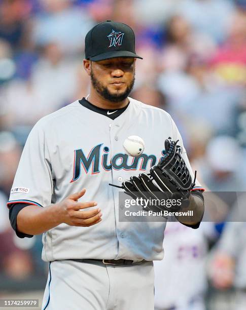 Pitcher Hector Noesi of the Miami Marlins reacts in an MLB baseball game against the New York Mets on August 6, 2019 at Citi Field in the Queens...