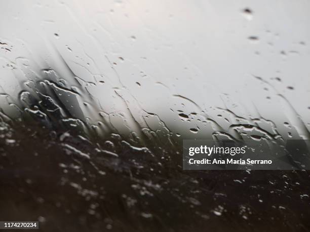 background of raindrops on a glass and out of an unfocused tree - bad weather on window stock pictures, royalty-free photos & images