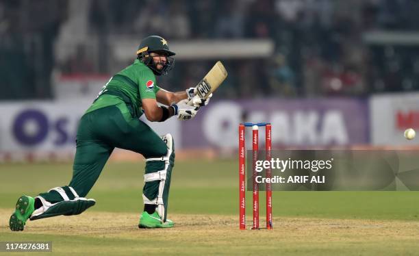 Pakistan's batsman Imad Wasim plays a shot during the second Twenty20 International cricket match between Pakistan and Sri Lanka at the Gaddafi...