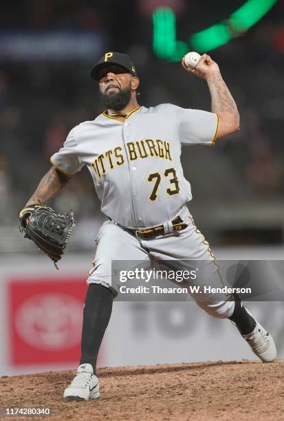 Felipe Vazquez of the Pittsburgh Pirates pitches against the San Francisco Giants in the bottom of the ninth inning at Oracle Park on September 11,...