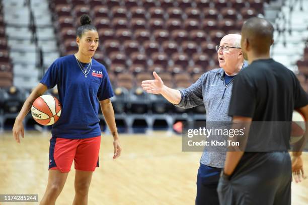 Mike Thibault and Natasha Cloud of the Washington Mystics during practice and media availability during the WNBA Finals on October 7, 2019 at the...