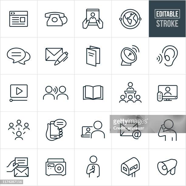 ilustraciones, imágenes clip art, dibujos animados e iconos de stock de iconos de línea delgada de comunicaciones - trazo editable - online chat bubble