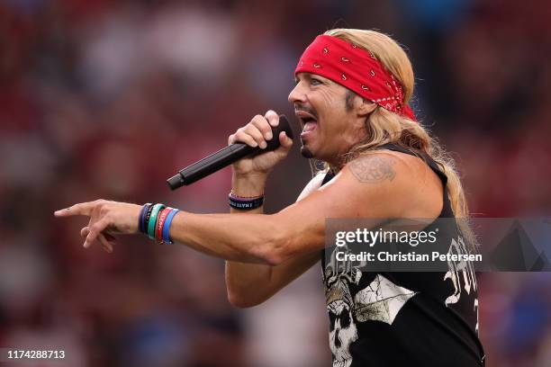 Musician Bret Michaels performs during a half-time show at the NFL game between the Arizona Cardinals # of the Arizona Cardinals and the Detroit...