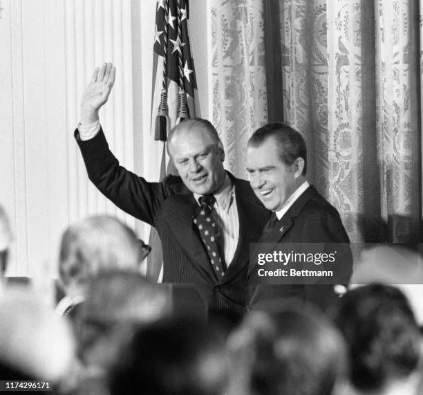 President Nixon nominated House Republican Leader Gerald Ford of Michigan to succeed Spiro T. Agnew as Vice President. Here, Ford acknowledges...