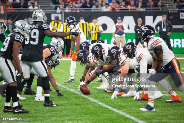 Chicago Bears Center James Daniels faces off with teammates against the Oakland Raiders during the game between the Chicago Bears and the Oakland...