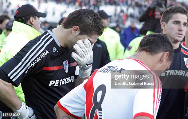 June 26: Juan Pablo Carrizo cries after the match between River Plate and Belgrano de Cordoba as part of the promotion to keep the category on the...