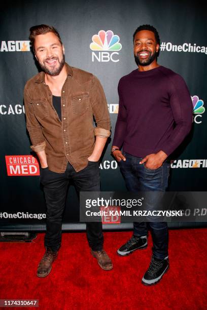 Patrick John Flueger and LaRoyce Hawkins attend the 2019 press day for TV shows "Chicago Fire", "Chicago PD", and "Chicago Med" on October 7, 2019 in...